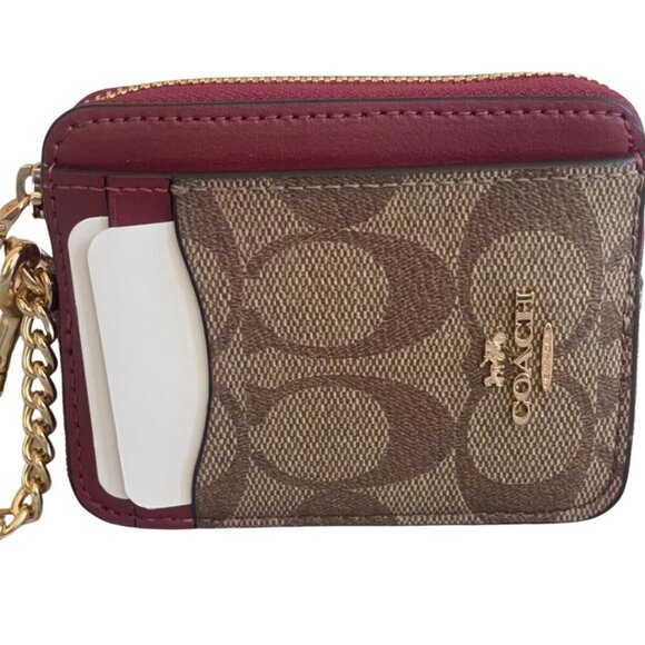COACH Leather Zip Card Case Signature Khaki Cherry Detachable Chain NWT - Picture 4 of 11